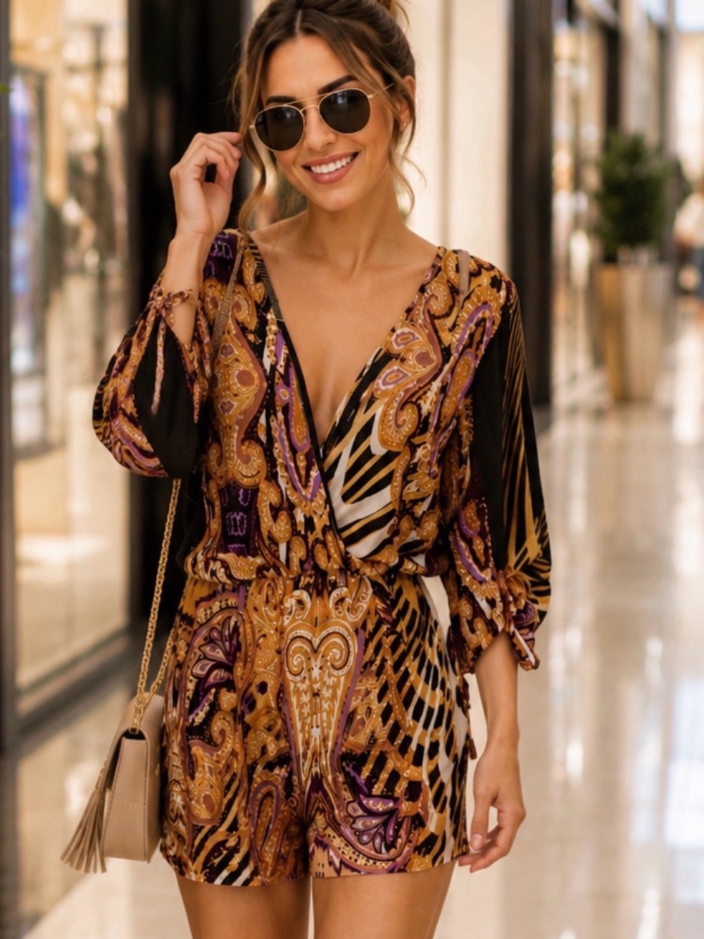 Gold & Black Cold Shoulder Print Romper
